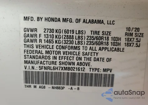 2021 Honda Odyssey Exl z USA, uszkodzony, nr VIN 5FNRL6H7XMB021612